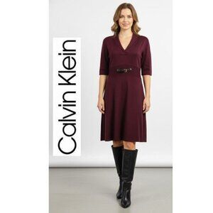 CALVIN KLEIN, v-neck maroon knit dress with front buckle detail